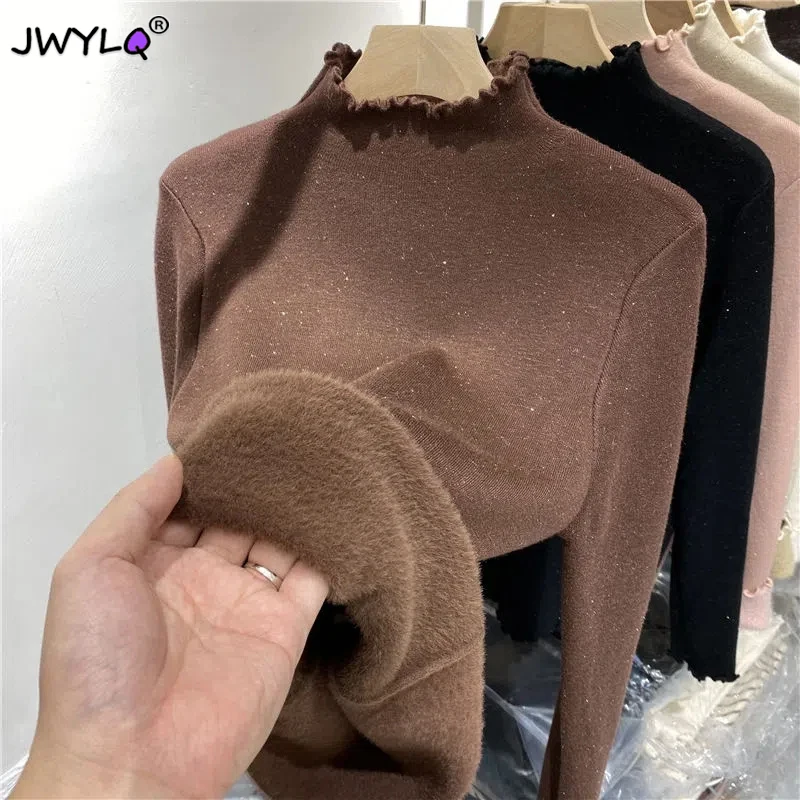 New Winter Turtleneck Bottoming Long Sleeve Top Korean Fashion Half High Neck Wood Ears Bright Silk Women Thickening Sweaters