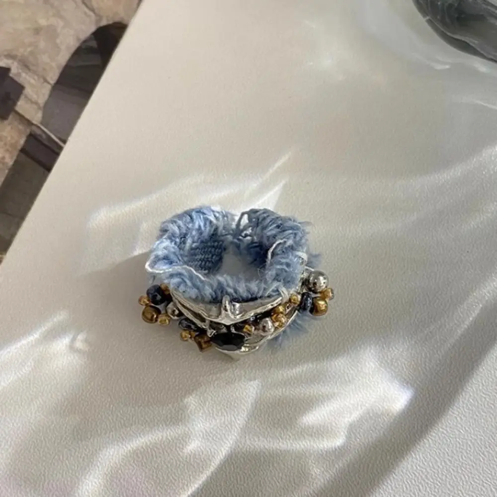 Fashion Star Y2K Opening Rings Three Layer Heart Denim Rings Jewelry Adjustable Metal Beaded Rings Women