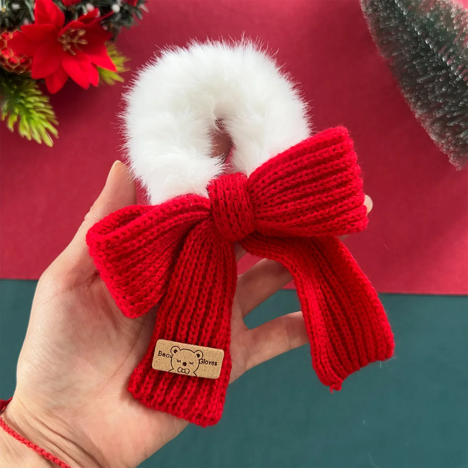 1/2 Stück Weihnachts-Haargummis mit gestrickter Schleife, elastische Haargummis aus Fuzzyfell, rot-grün, festlicher Haarschmuck für Frauen