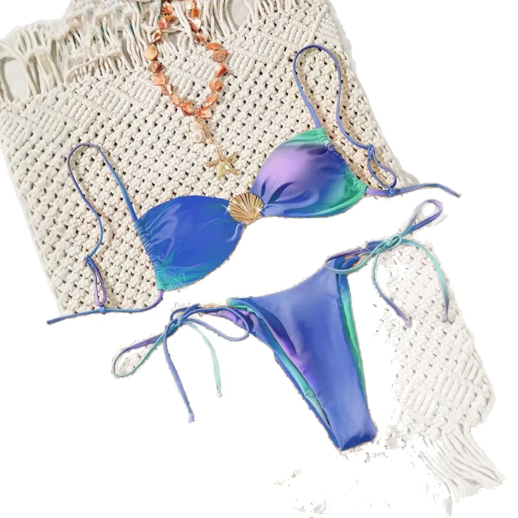 2025 Push Up Bandeau Micro Bikini Set Women's Solid Color Tie-Front Two Piece Small Chest Swimwear Summer Holiday Beach Clothes