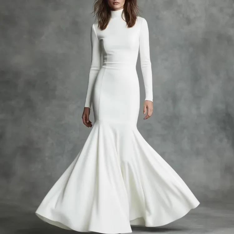 Pullover Slim Fit Fitted Elegant Dress with Colorblock Maxi Length High Waist Regular Sleeve Winter Long Dress for Women