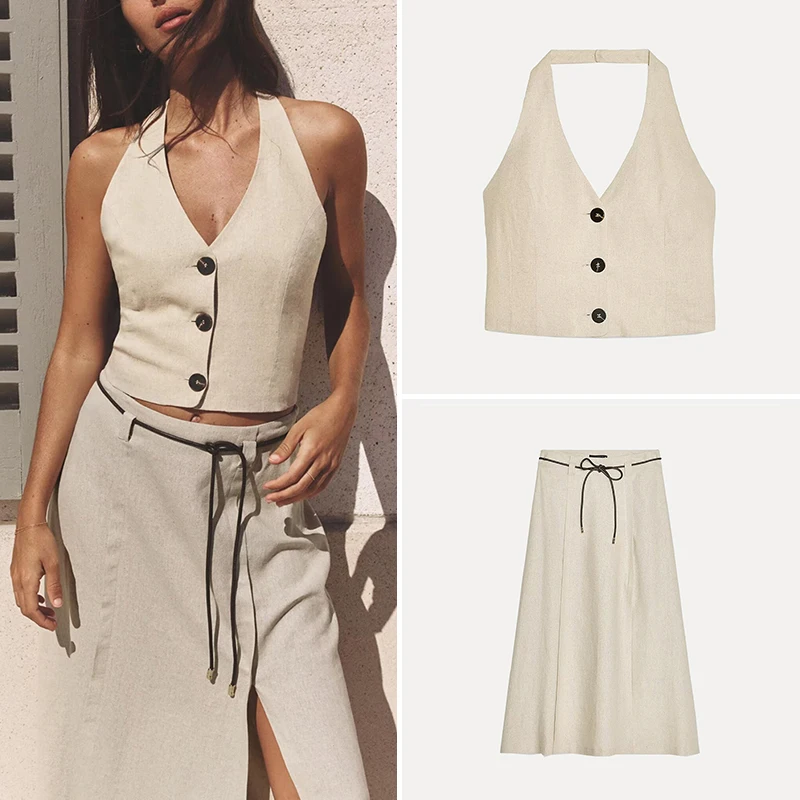 

Z 2025 Spring New Women's Faion Set Polyester Fiber Hanging Collar Top And f Skirt Ensemble Ele Profional Look