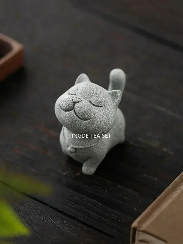 Stone Carving Kitten Sculpture Handmade High Quality Tea Pet Chinese Tea Tray Decoration Fish Tank Potted Tabletop Ornaments