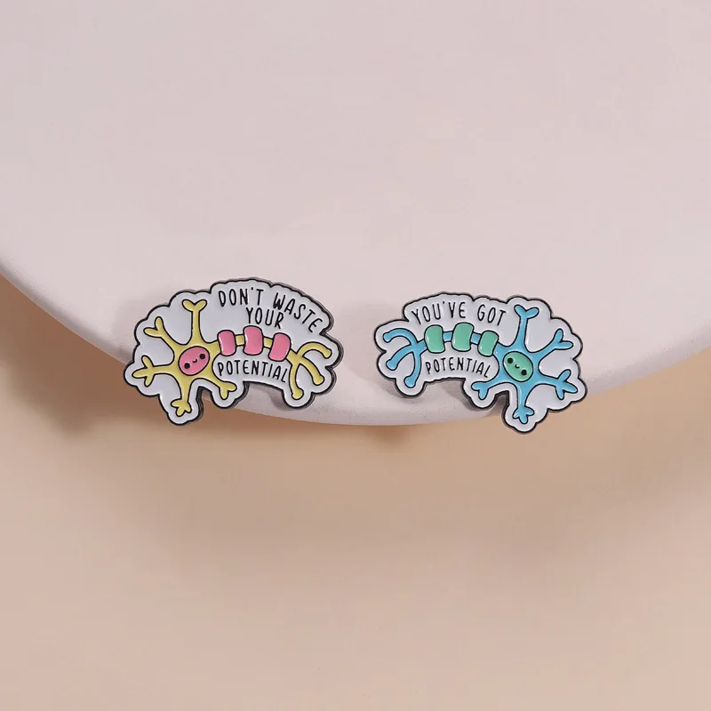 Cute Neuron Brooch Don't Waster Your Potential Enamel Pin Mental Health Metal Badge Brain Lapel Pin Gift for Warm Greeting