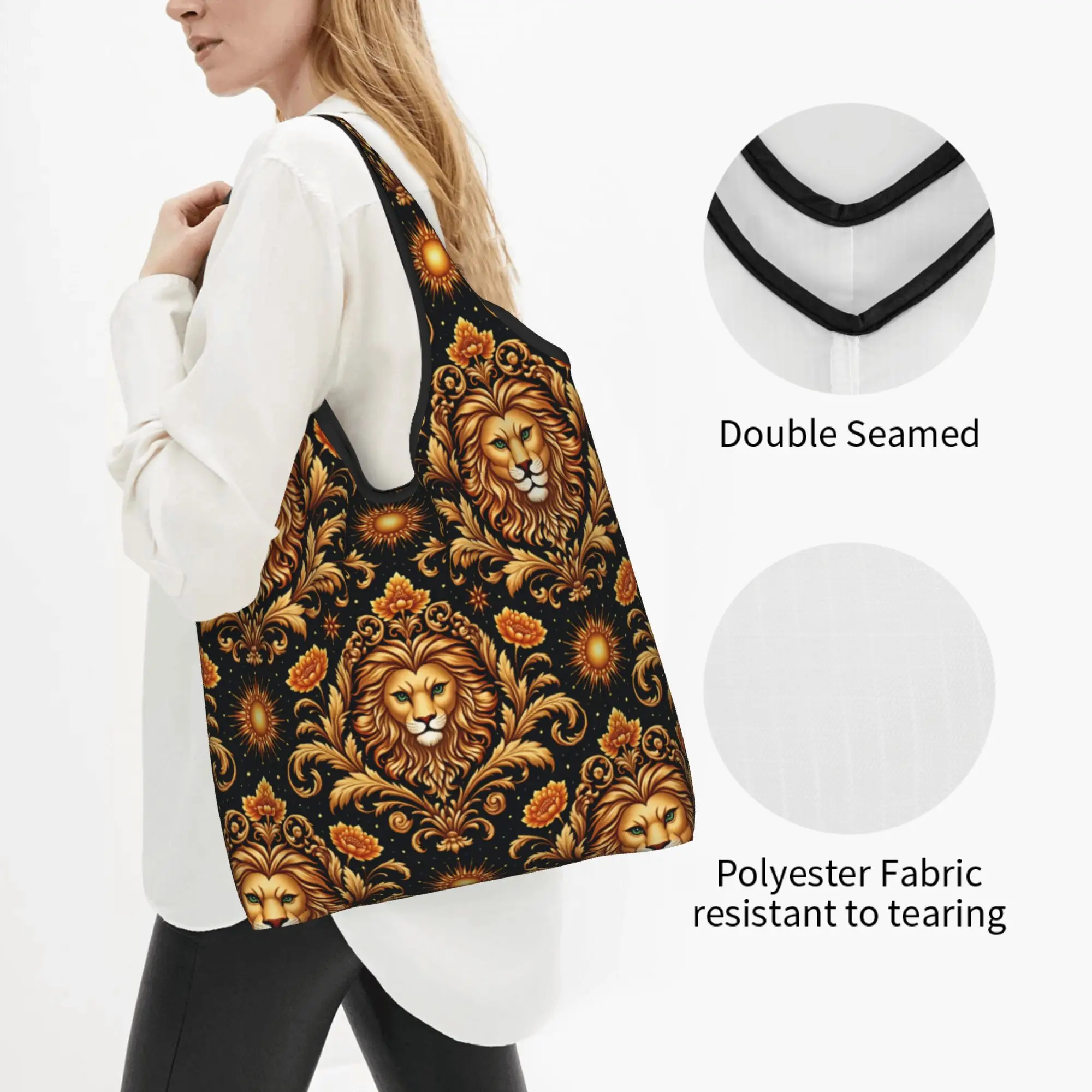 Recycling Golden Wildlife African Baroque  Shopping Bag Women Tote Bag Portable Large Cat of The  Groceries Shopper Bags
