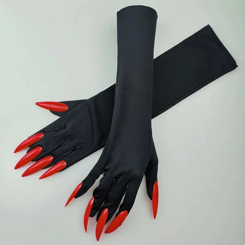 Halloween Makeup Ball Witch Red Nail Ghost Cat Demon Paw Gloves Cosplay Black Elastic Satin Stage Performance Women Long Mittens