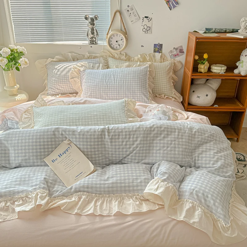 Korean Princess Style Bedding Set Soft Skin-friendly Lattice Lace Ruffles Quilt Cover Plaid Style Duvet Covers Set Pillowcases