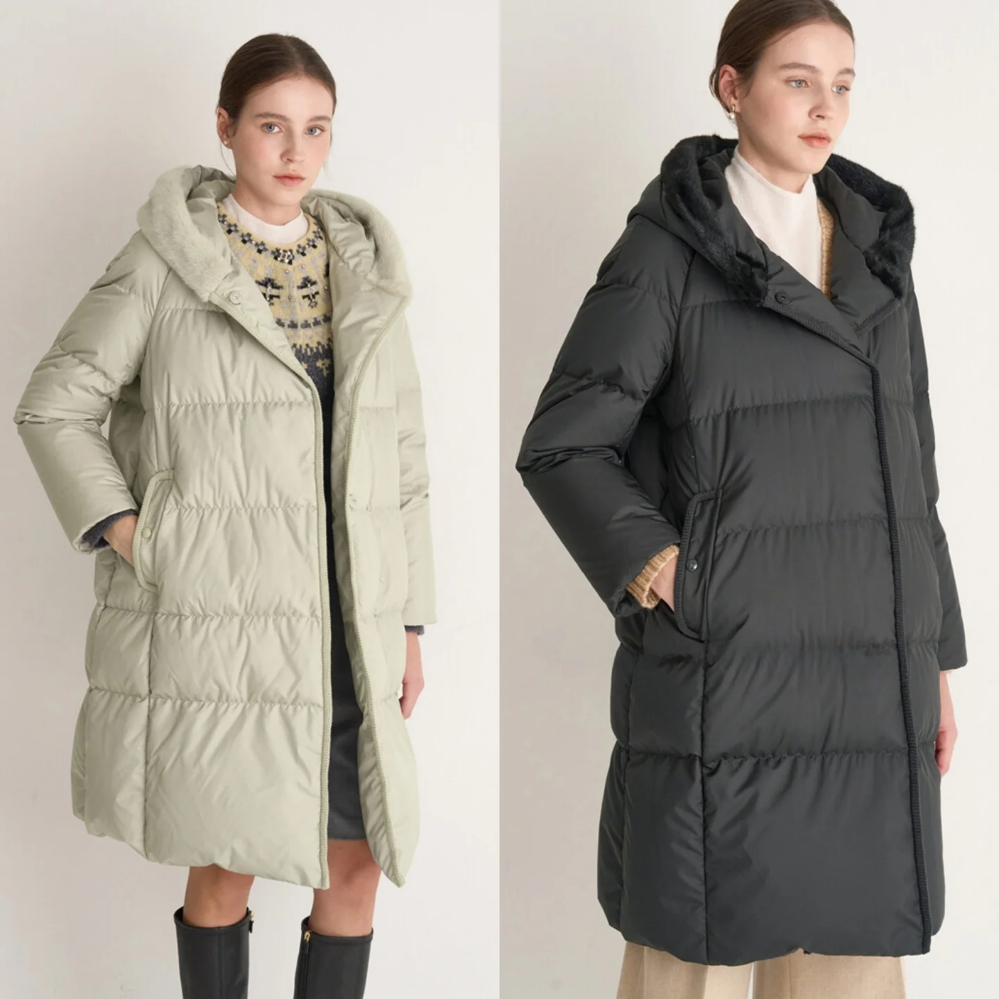 暖かいグースダウンパファージャケット、フード付き、厚手、通勤用、ミドル丈コート、韓国版、シングルボタン、ロングスリーブ