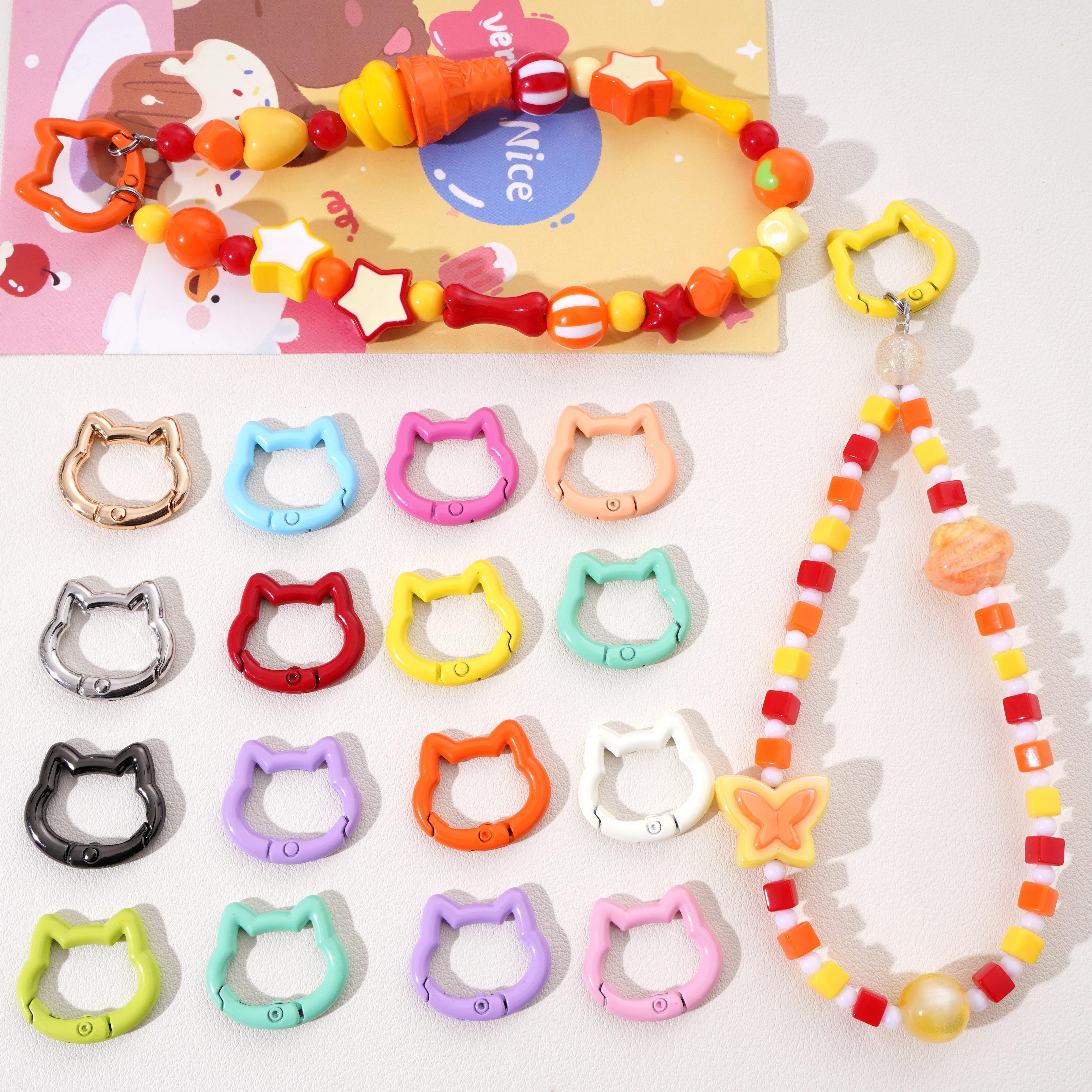 1pc/bag Alloy Spring Clasps Colorful Cute Cat Shape Spring Ring Carabiner Clips For DIY Keyring Lanyard Keychain Making Findings view 5
