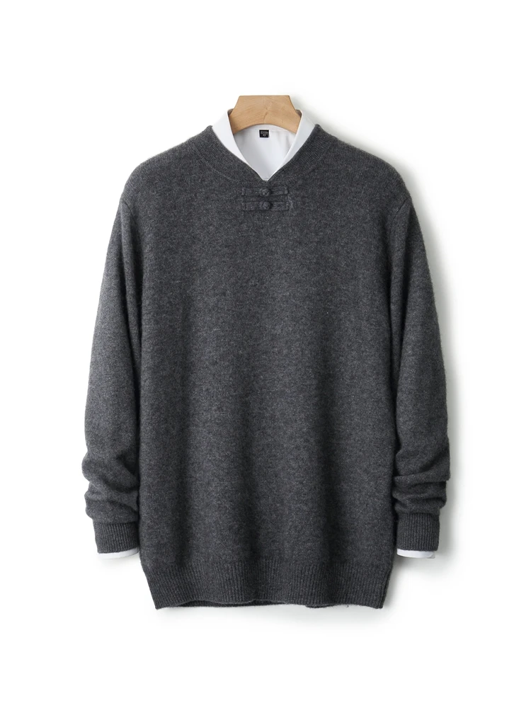 TLOML メンズ 100% メリノウールニットウェア レトロモックネックボタンウールプルオーバーセーター ソフトで暖かいカシミアセーター 中国風トップ