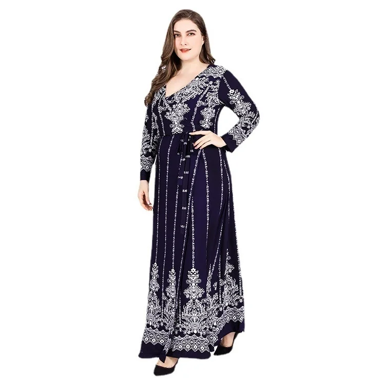 2023 Plus Size Party Dresses Fashion Women Elegant Knit Evening Dresses Vintage Print Long Sleeve Dress For Large Size Female