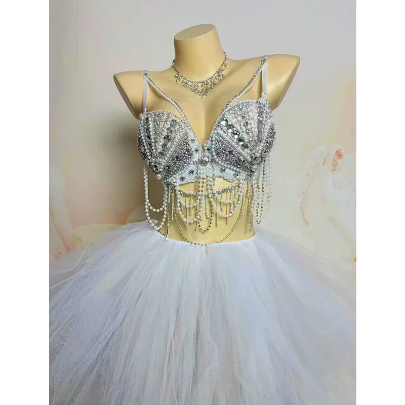 White Peal Rhinestones Bikini Skirt Outfit Sexy Electric Music Festival Nightclub Performance Clothing DJ Gogo Dance Costume