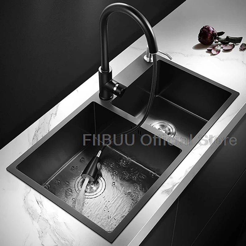 

Black Nano Double Bowl Kitchen Sink 304 Stainless Steel Large Capacity Thicken Farmhouse Workstation with Multiple Accessories