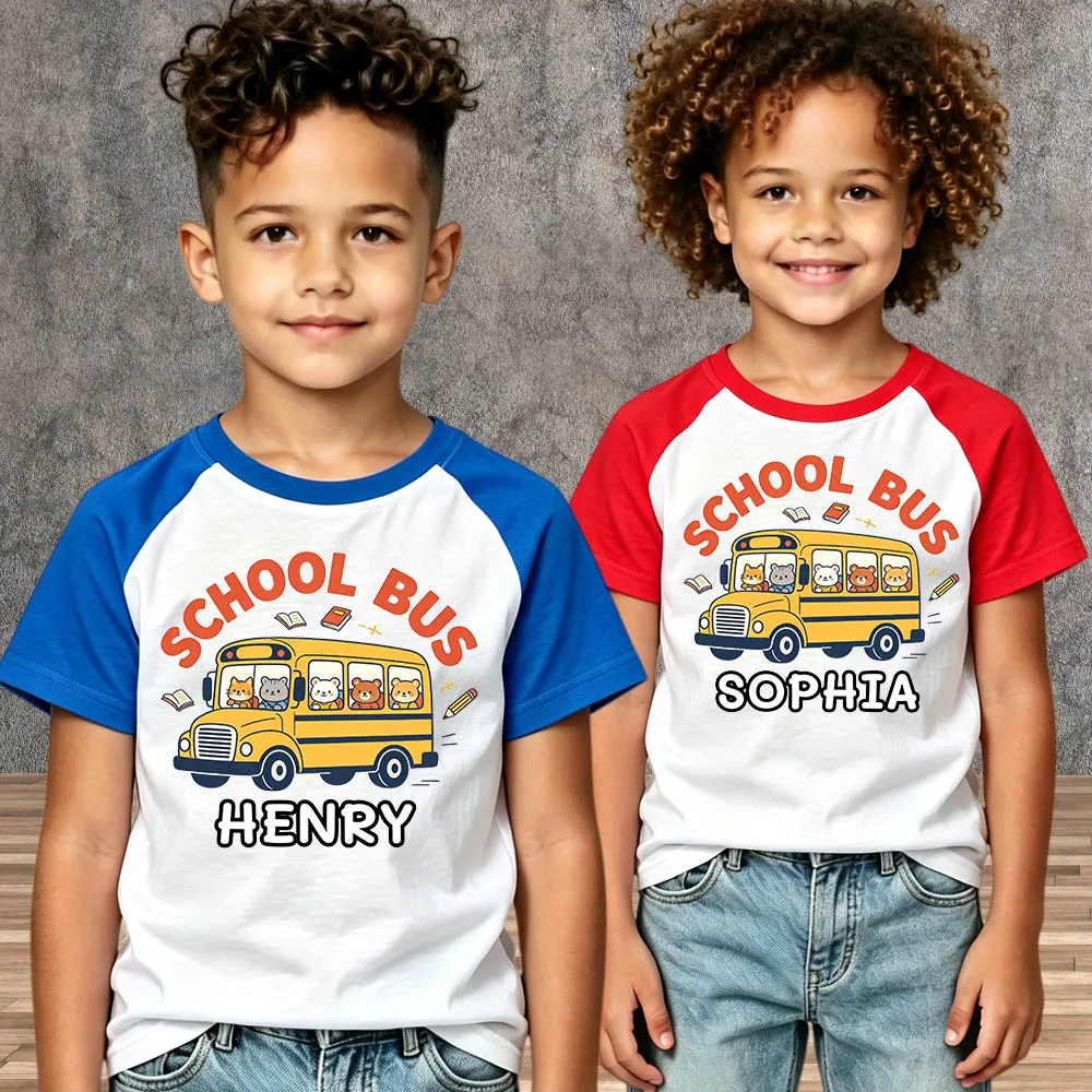 Boys Girls First Day of School Kindergarten T-Shirt Short Sleeve Custom Name School Bus Print Kids Back To School Tee Shirt