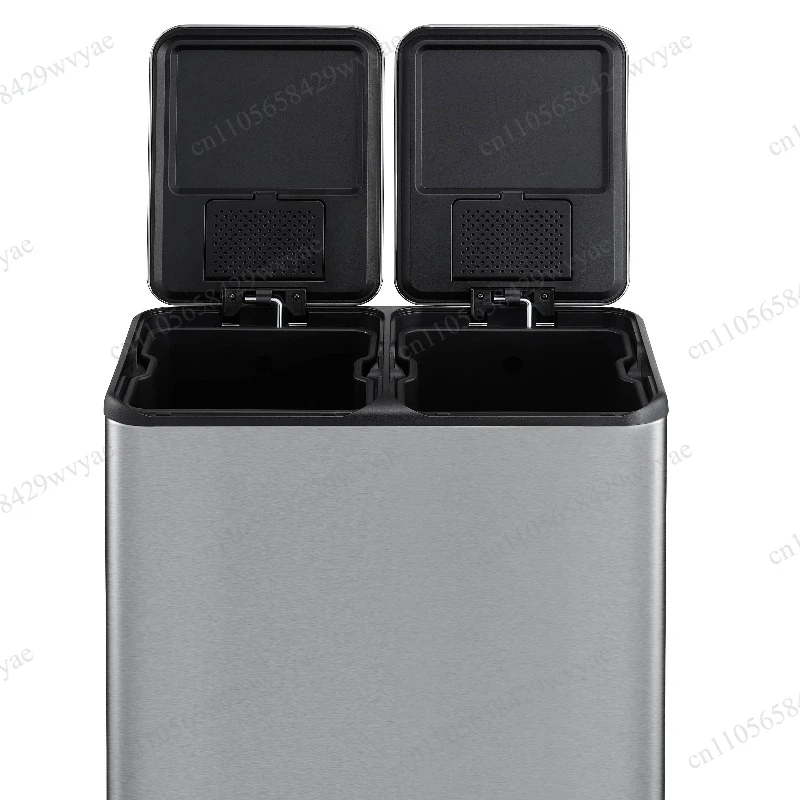 60L Stainless Steel Double Compartment Trash Can, Foot Pedal Design, Indoor Kitchen Waste Recycling Storage Box