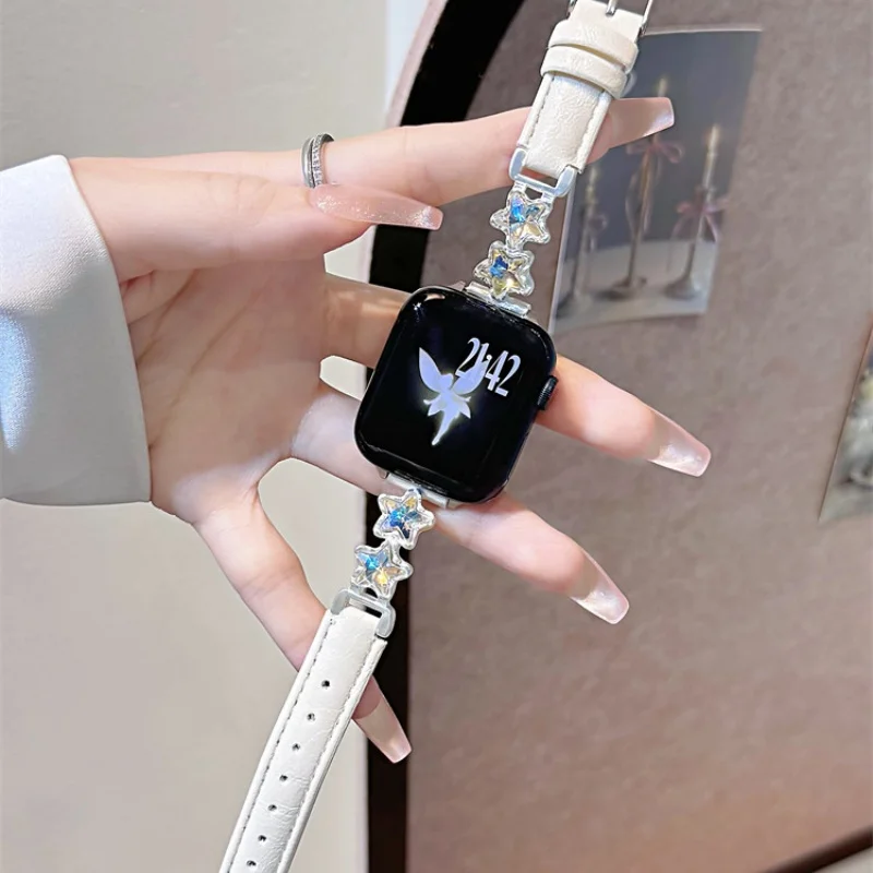 

Diamond studded pentagram leather strap compatible with iWatch 38mm 40mm 41mm 42mm 44mm 45mm 49mm fashionable strap