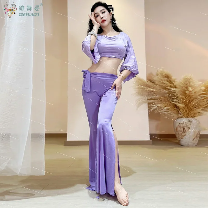 

Элегантный костюм танцовщицы живота для женщин, топ с рукавами «летучая мышь» + расклешенная юбка с разрезом, 2 предмета, тренировочная одежда для восточных танцев