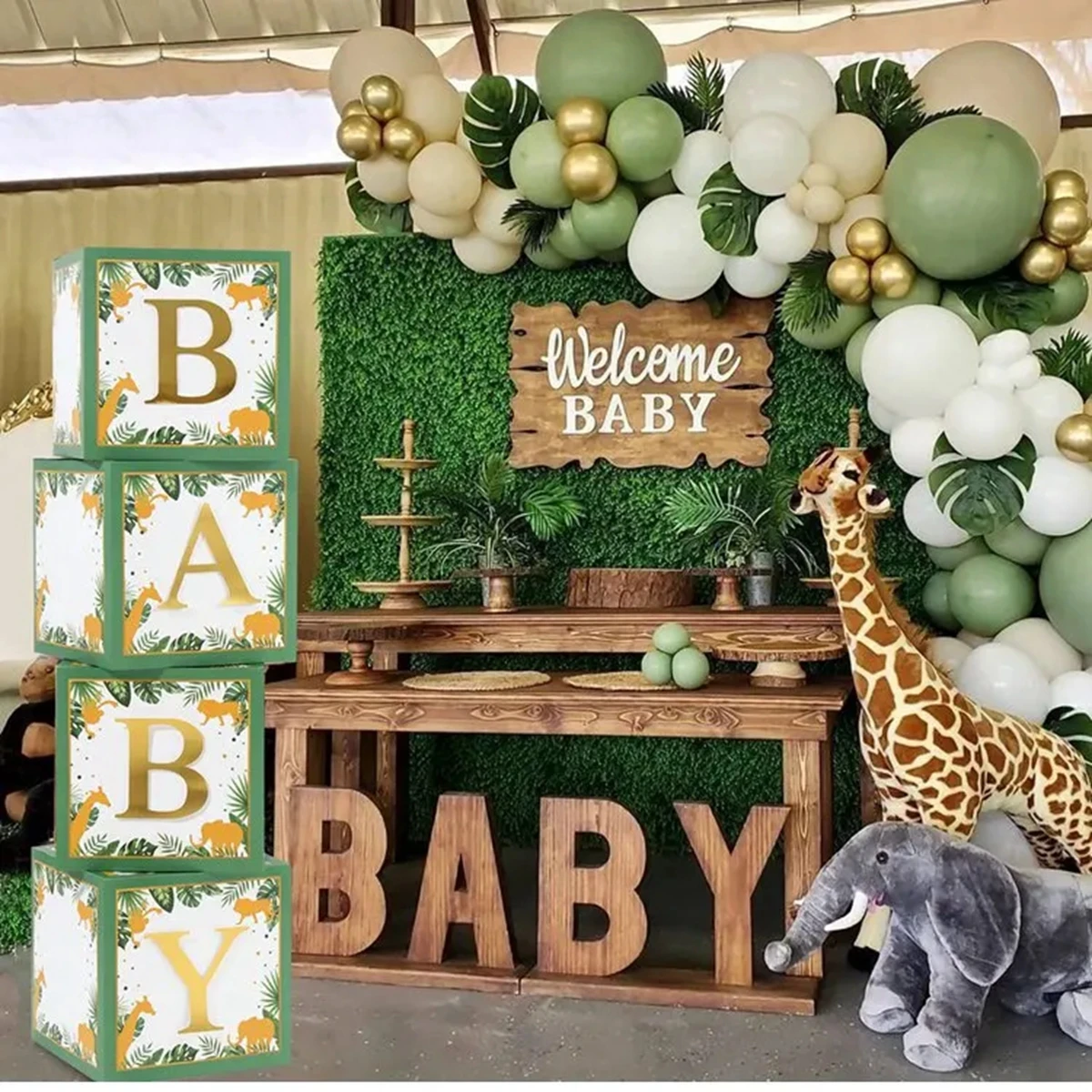 Green Baby Shower Box Frist 1 1st Birthday Decoration Boy One Year Old Jungle Safari Birthday Party Gender Reveal Baptism Decor