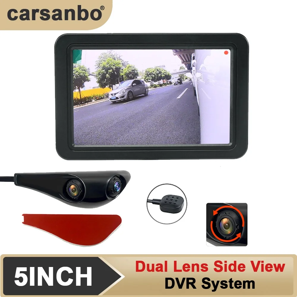 Carsanbo Auto 5 Zoll 720P Digitaler Seitenrückspiegelmonitor mit Dual-Objektiv-Kamera,