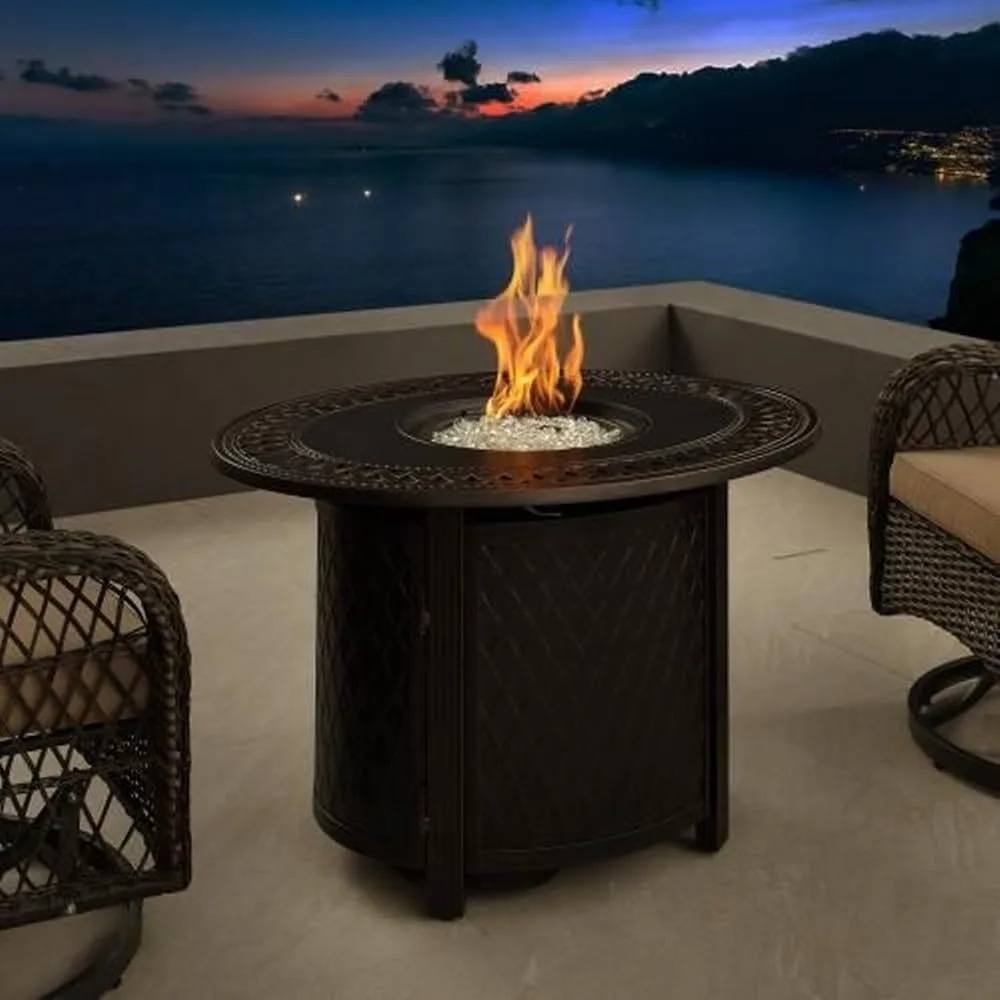 Gas Fire Pit Table 37,000 BTU Outdoor Multi-Functional with Bowl Lid, Nylon Weather Cover & Clear Glass, Fire Pits, 40