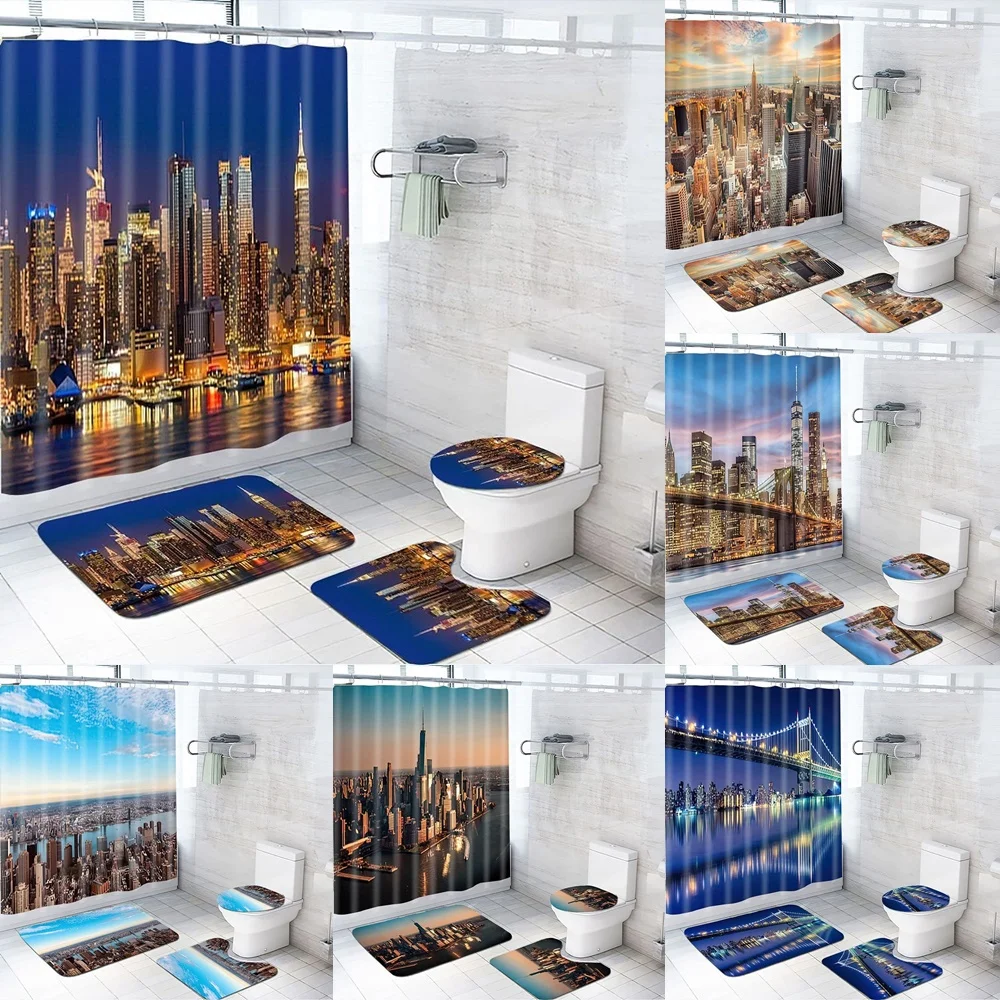 

New York Building Shower Curtain Sets Rug Bathroom Mat Toilet Cover US Urban Life Skyscrapers with Brooklyn Bridge Bath Curtains