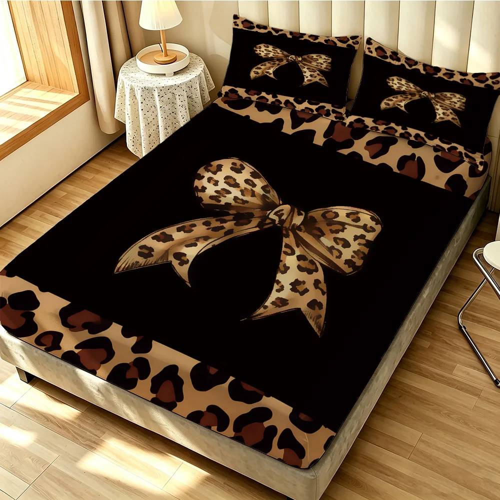 3pcs Leopard Print Bow Printed Coreless Bed Sheet Summer Set Multi Size Comfortable Bedding Decoration Machine Washable