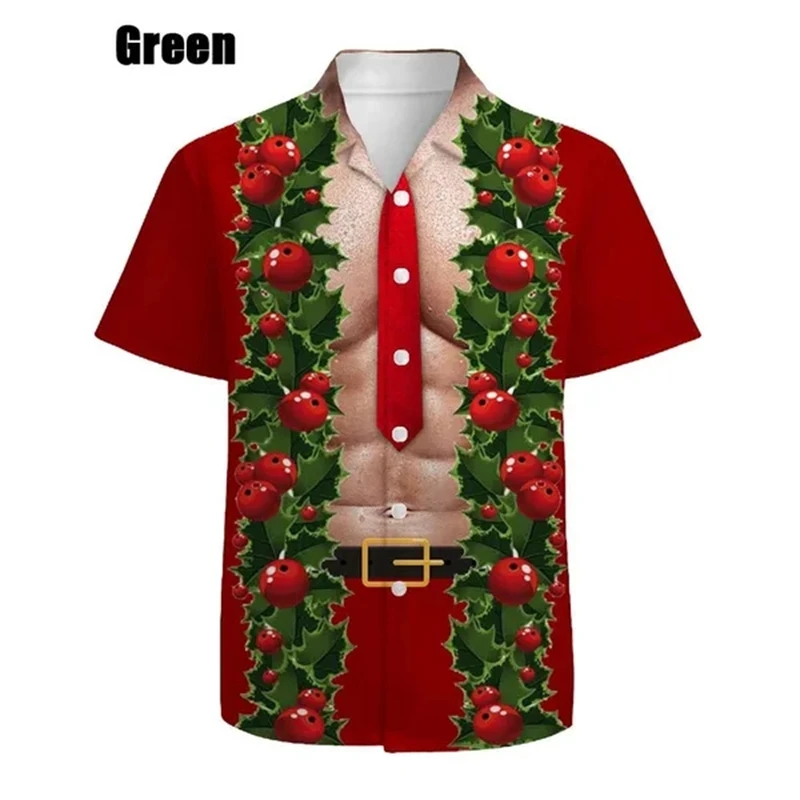 Camisa estampada de Papai Noel manga curta masculina, peludo Natal paródia muscular cosplay, camisa de botão lapela, presente casual, novo