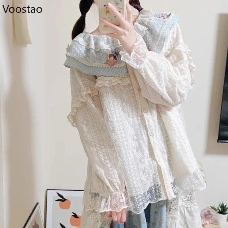 French Vintage Sweet Lolita Shirt Girl Kawaii Lace Ruffles Peter Pan Collar Long Sleeve Blouses Women Spring Autumn Casual Tops