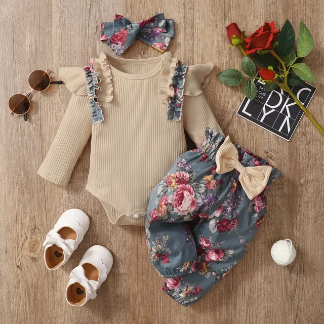 3Pcs Outfits Infant Newborn Baby Girl Spring Autumn Ribbed Solid Clothes Sets Ruffles Long Sleeve Bodysuits + Pants + Headband