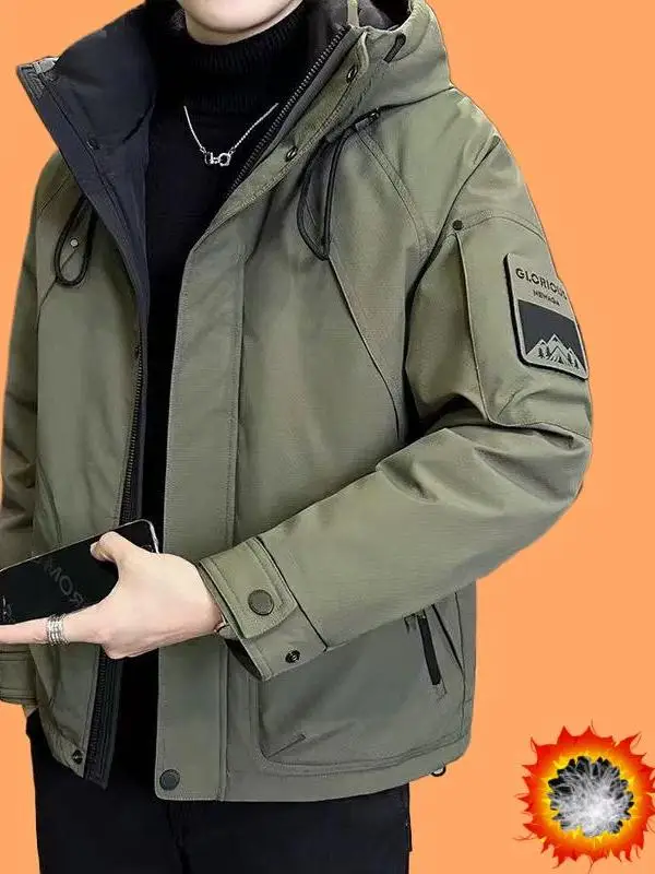 

High Quali Men's Outdoor Hooded Jaet Autumn Winter Thiened down Filling White Du Feather ort Sle Regular Fit