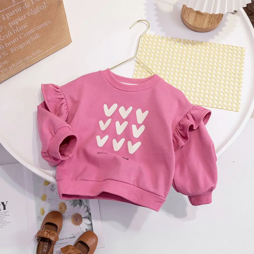 Cute Baby Girls Tops Sweatshirt Love Pattern Ruffles Long Sleeve O-Neck Pullover Kids Shirts Casual Loose Hoody Children Clothes