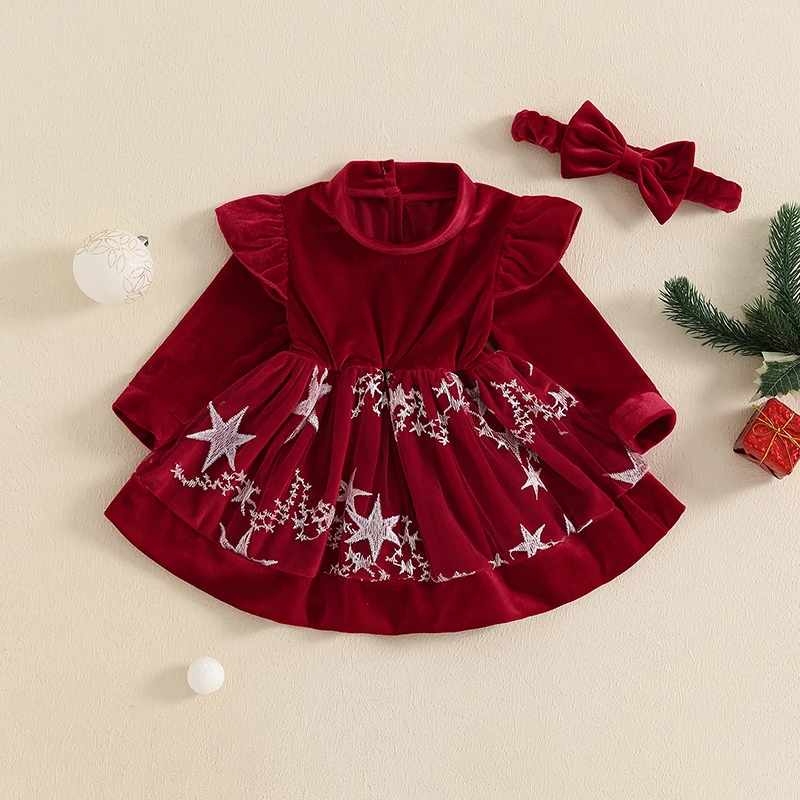 Baby Girls Christmas Outfit, Long Sleeve Shining Stars Romper Dress with Headband Set Newborn XMAS Clothes