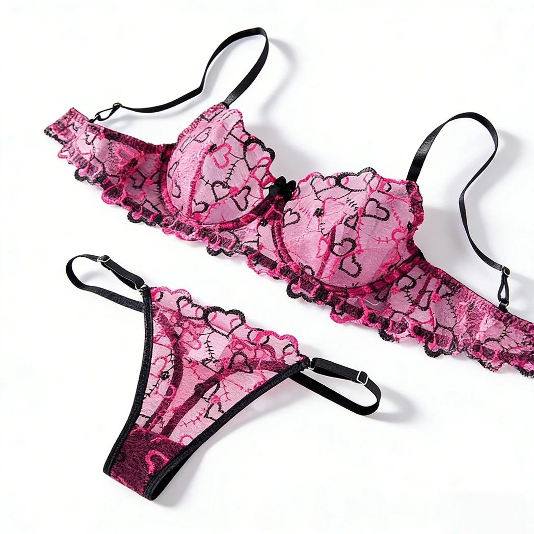 

Сетчатый эротический женский комплект нижнего белья, кружевной прозрачный сексуальный комплект нижнего белья в форме сердца с вышивкой и стринги, порно костюм из двух предметов