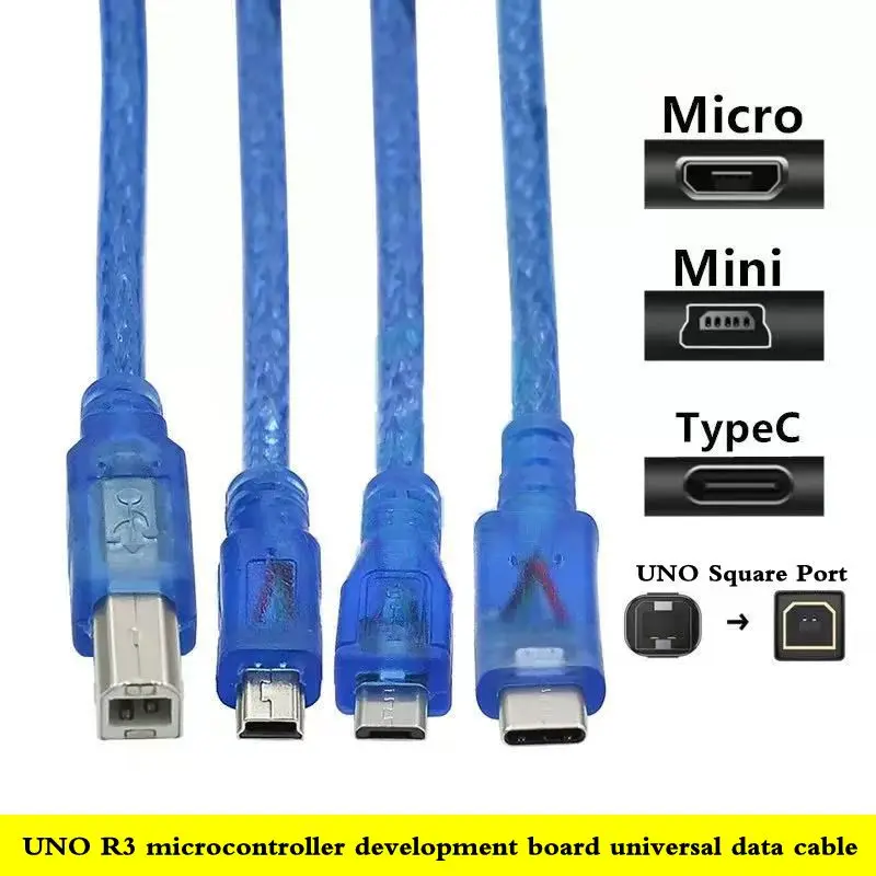 Transparent Blue USB Data Cable Micro/Mini/Type-C Development Board Arduino Square Port Printing Program Download and Burn