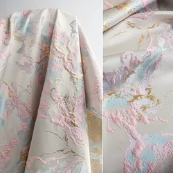 Pink Blue Gilded Block Texture Jacquard Polyester Fabric Chinese Style Relief Qipao Jacket Clothing Designer Fabric