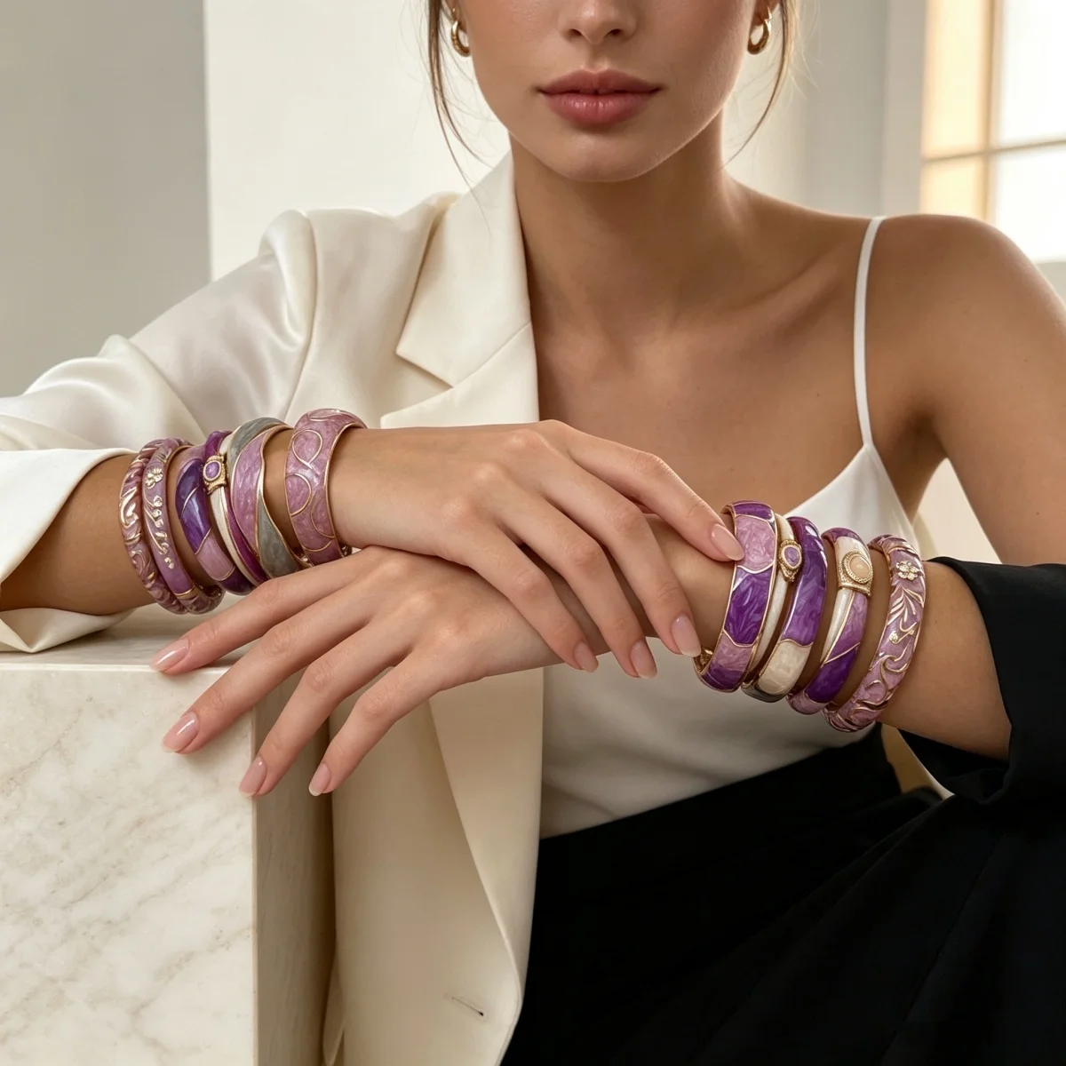 Ästhetisches Armband aus Emaille der Purple-Serie für Damen und Herren, Vintage-Punk-Stil, unregelmäßiger Block, gedreht, wellig, breiter Statement-Armreif, Schmuckstück – Detail 14