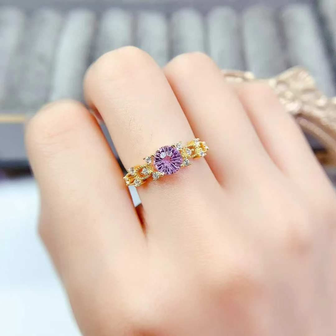 925 Silver Brilliant Crystal Ring Natural Amethyst Ring 6mm 0.7ct Genuine Amethyst Silver Jewelry