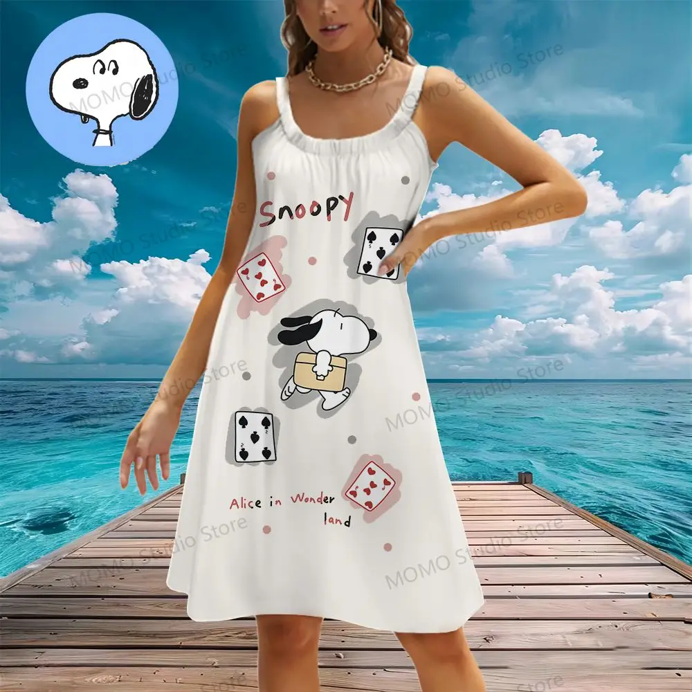 

Snoopy Kawaii Women's Beach Dresses New Dress 2024 Y2k Boho Youthful Woman Clothes S-3XL Summer Sling Fashion