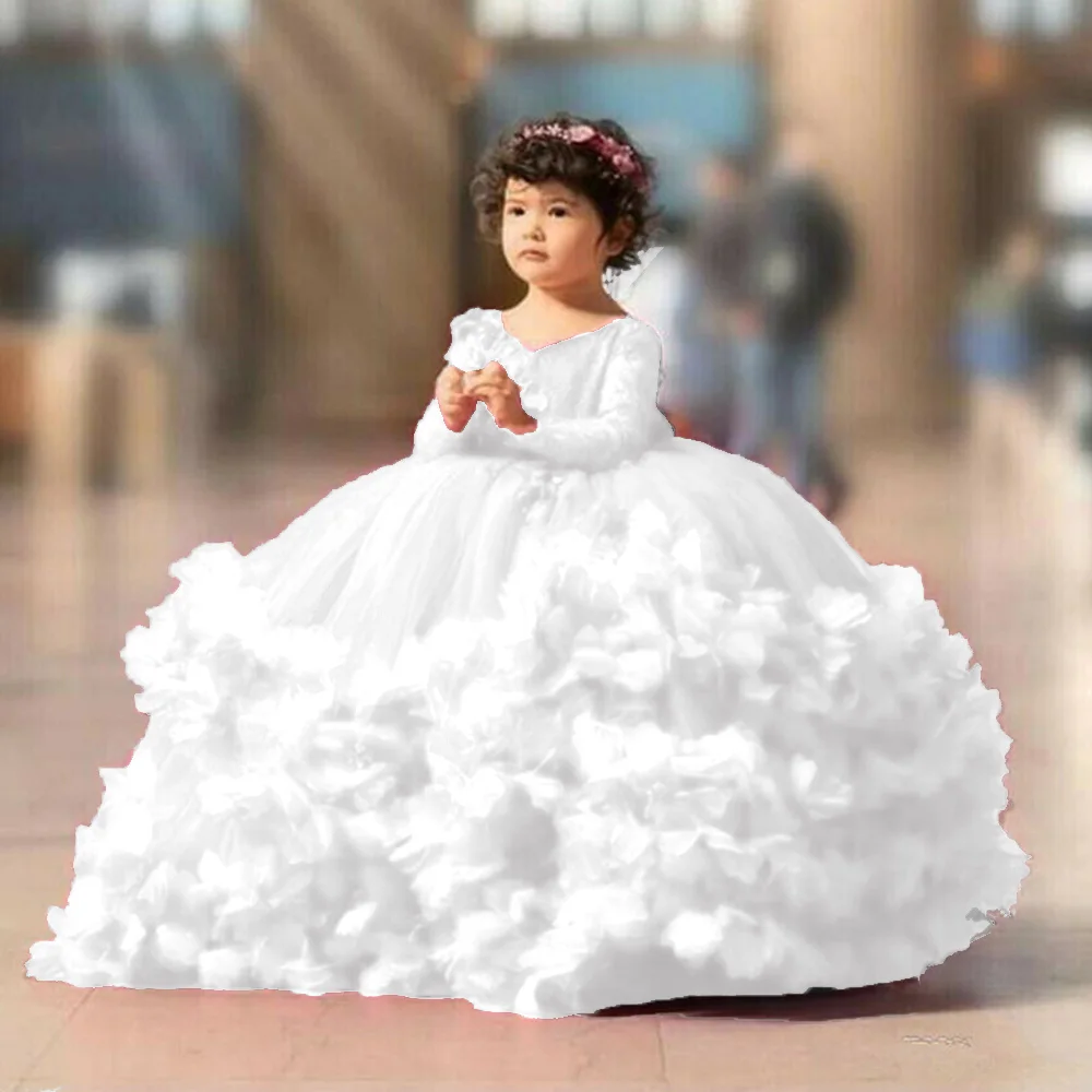 Ball Gown Flower Girl Dresses With Sash Toddlers Lace Tulle Princess Pageant Dress Kids Full Sleeves Birthday Party Gowns