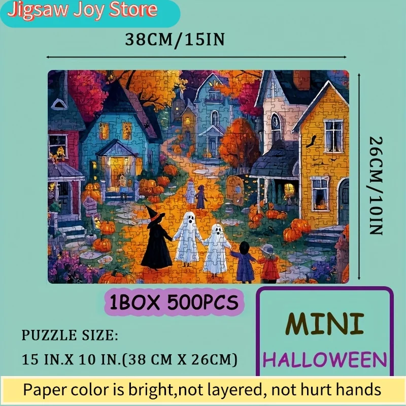 Un puzzle conçu pour les adultes mettant en scène une promenade hantée dans un quartier d'Halloween, parfait pour les jeux de fête et les activités