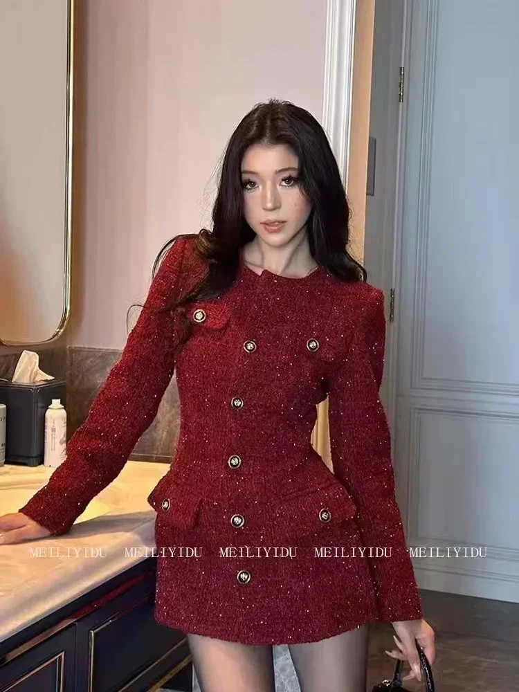 French Socialite Retro Red Tweed Coat Women's Clothing Winter O-neck High-end Waist Cinched Slimming Mid Length Top Outerwear