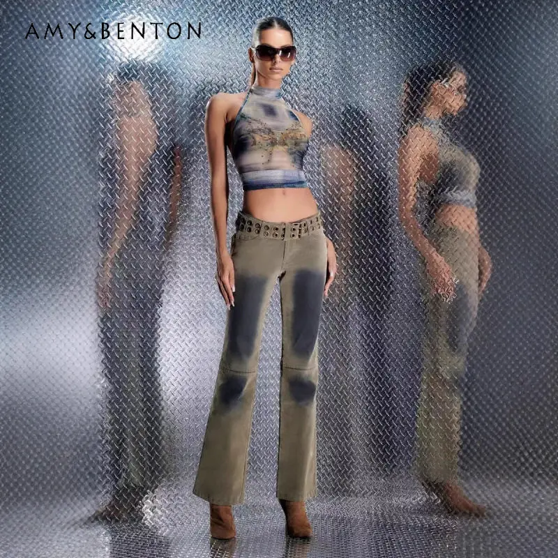 

Summer European and American Hot Girl Diamond-encrusted Print Tie-dye Sexy Slim Open Back Lace-up Cropped Halterneck Top