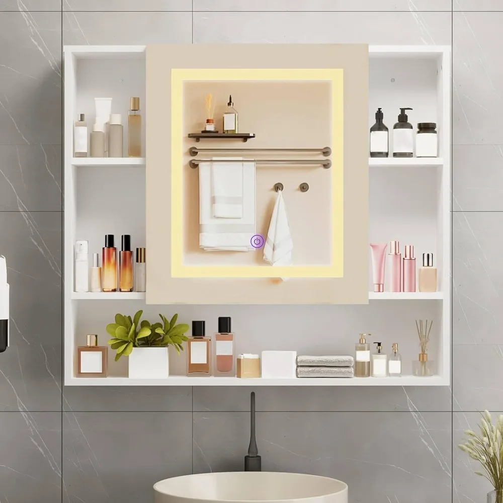 

Medicine Cabinet Mirror with Led Light 27.5" W x 24.3" H Lighted Vanity Mirror Wall Mounted Bathroom Storage Cabinet