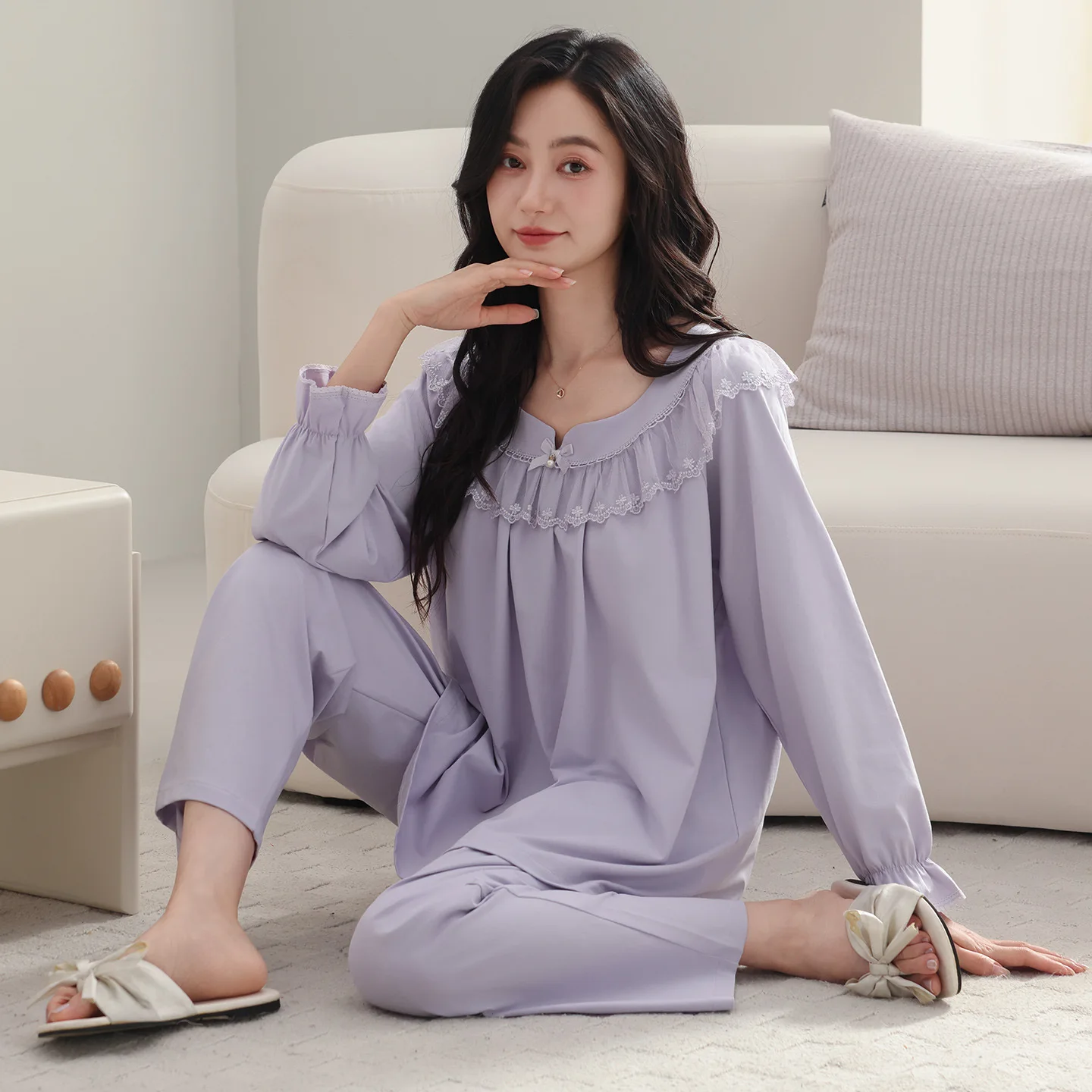 women's-sleepwear-long-sleeve-thin-cotton-pajamas-set-with-chest-pad-home-clothes-spring-autumn-large-size-pure-color