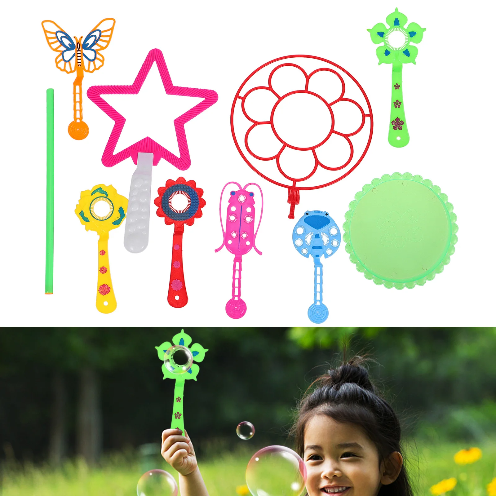 مجموعة من 9 قطع من عصا الفقاعات الملونة للأطفال الصغار في الهواء الطلق تتضمن حلًا كبيرًا #6