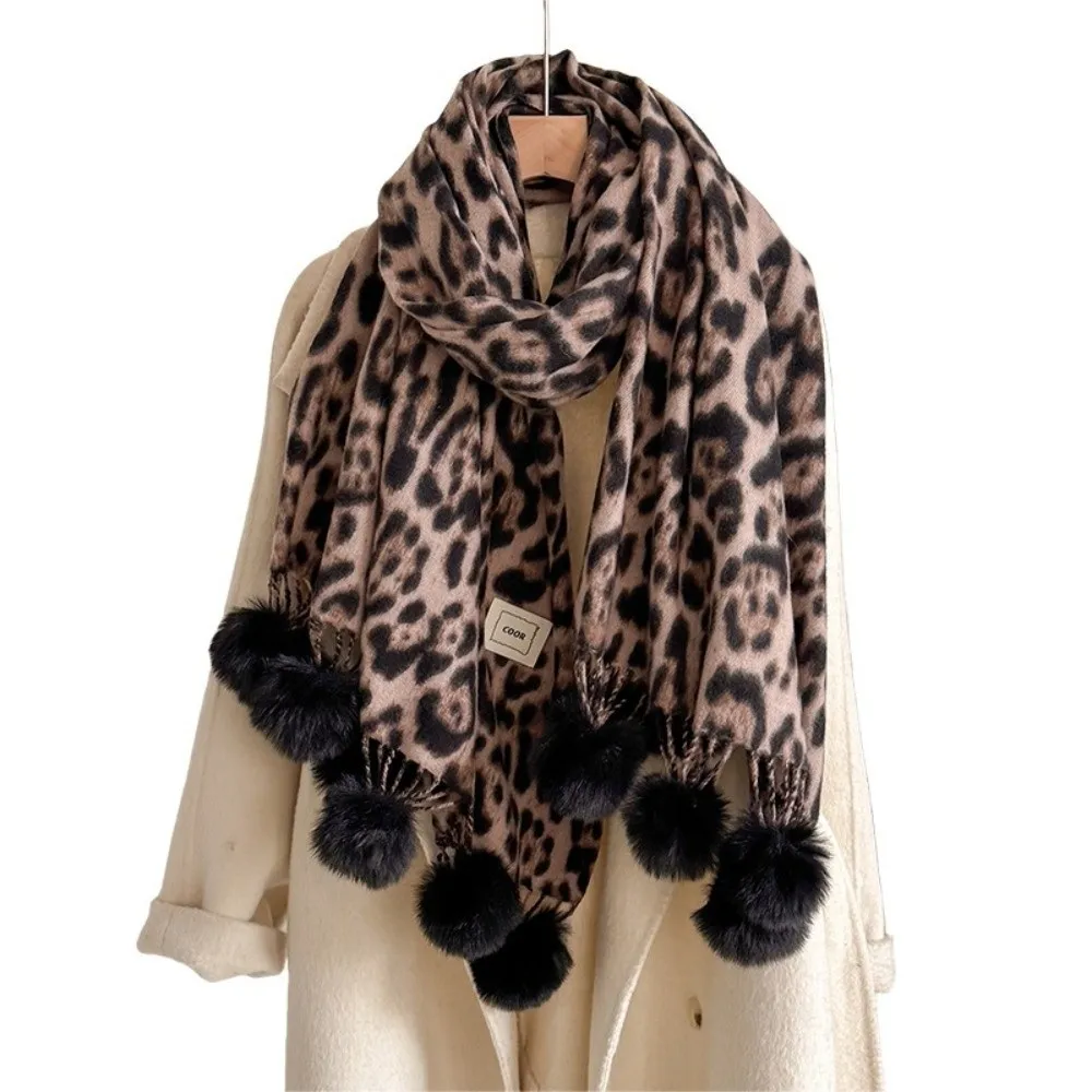 Double Sided Design Faux Cashmere Scarf Large Size Soft Warm Material Leopard Print Shawl Pom Pom Tassel Trim