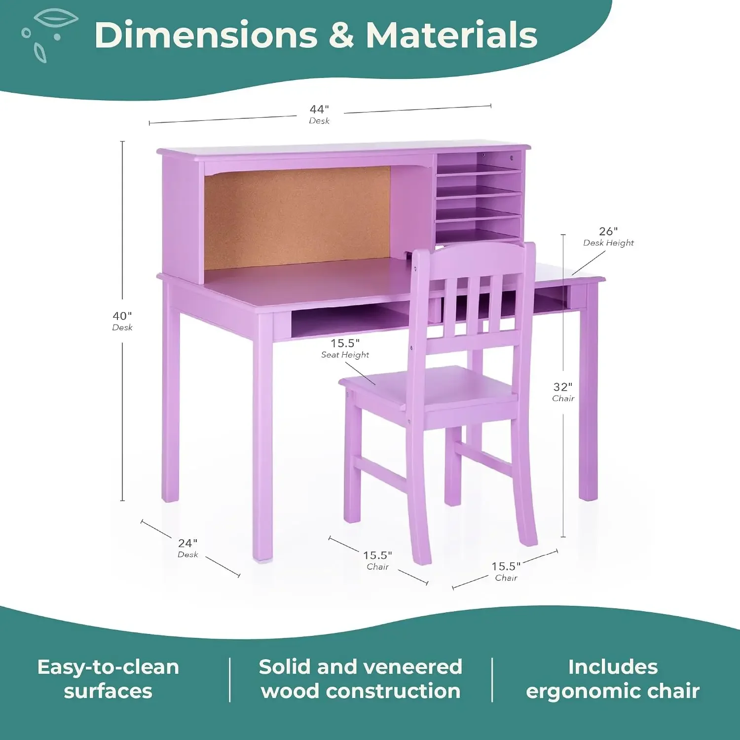 Kids Media Desk and Chair Set - Lavender: Kids Table and Chairs Set, Computer Desk with Hutch and Storage Shelves, Wooden Bedroo
