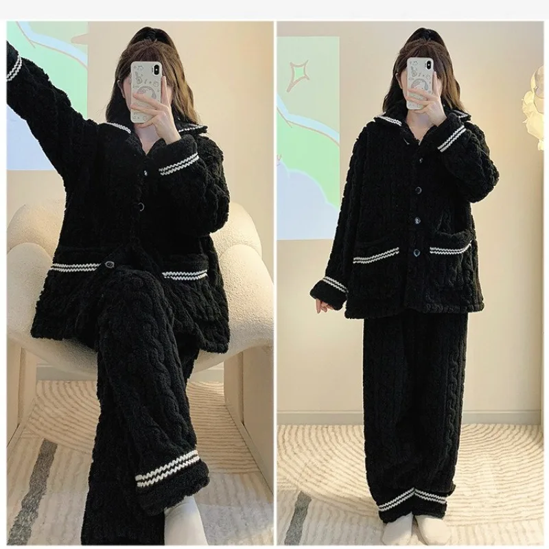 M-6XL Large Size Winter Pajamas Set Women's Soft Plush Coral Fleece Sleepwear Korean Student Sweet Flannel Warm Loungewear Pjs view 5