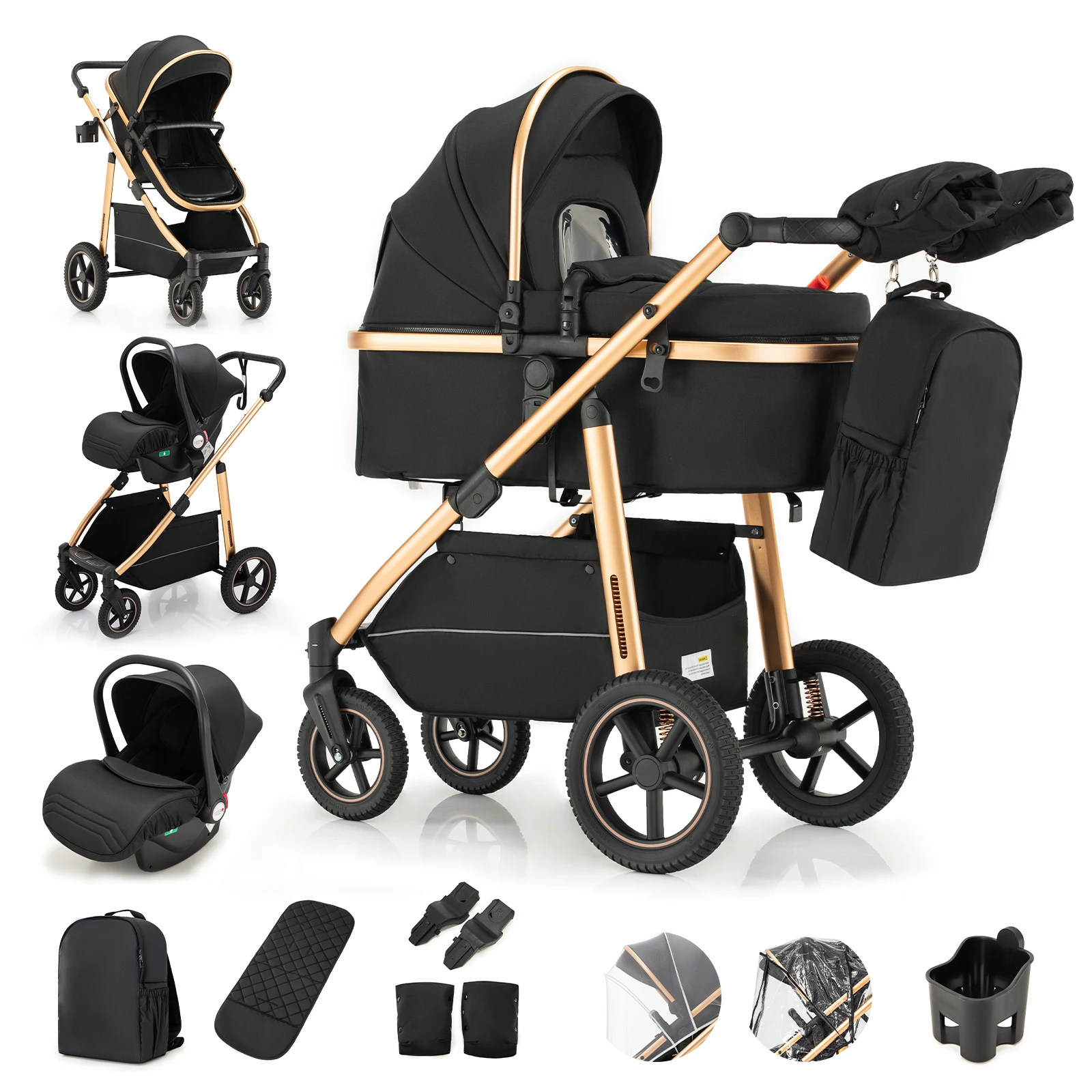 Luxueuze 3-in-1 babywandelwagen met hoog zitvlak, aluminium frame, opvouwbare kinderwagen, multifunctionele reiswandelwagen met verstelbare zitting voor pasgeborenen.