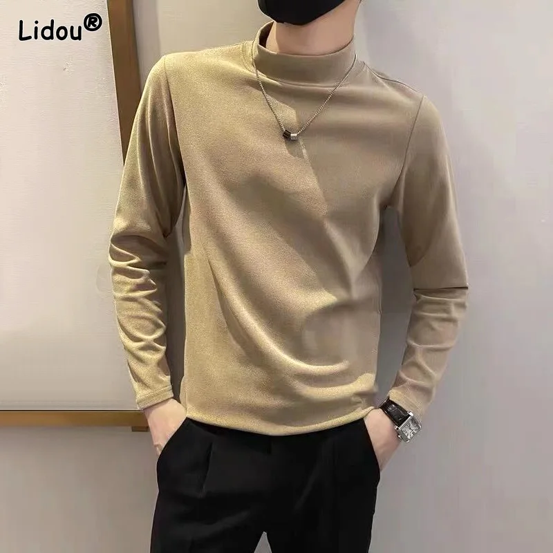 

Turtleneck Solid Color Slim Long Sleeved T-shirts Man Fashion Casual All-match Popularity Handsome Comfortable Men's Clothing